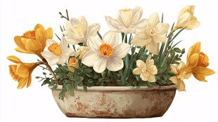 复古花盆中的黄白水仙花