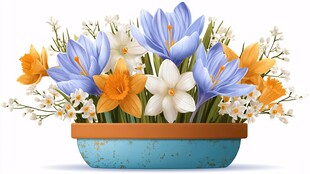 蓝色花盆中的多彩花卉