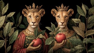 双狮女王持苹果奇幻场景