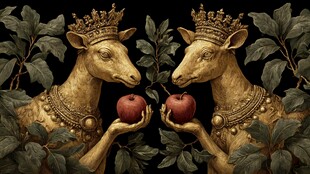 金鹿持苹果的奇幻画面