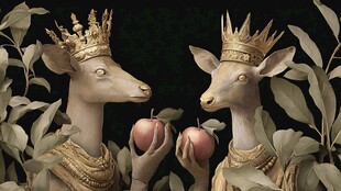 鹿王与鹿后手持苹果对视