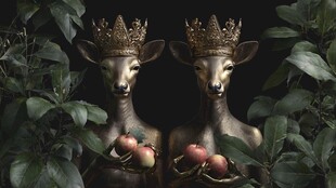 双鹿戴冠持果于绿叶间