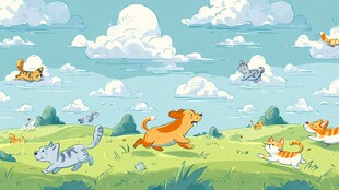 田野间猫狗欢快嬉戏场景