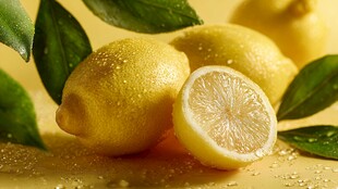 新鲜黄柠檬与翠绿叶片