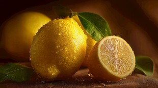 新鲜柠檬带叶水珠特写