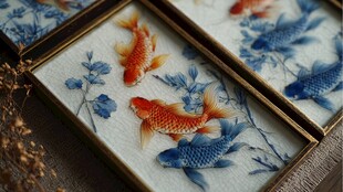 瓷盘上的灵动锦鲤花卉