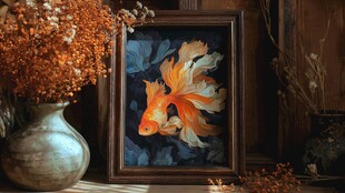 框中金鱼图 周边秋景相伴