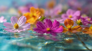 水中绽放的多彩格桑花