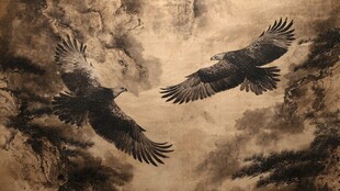 双鹰翱翔于山峦云雾间