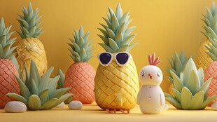 戴墨镜菠萝与小兔的趣味场景