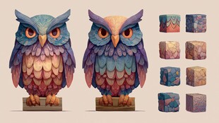 多彩猫头鹰与方块图案展示