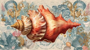 复古风海螺及海洋元素插画