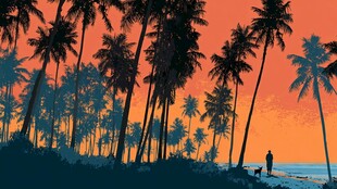 夕阳下的椰林与海边独行者