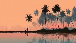 夕阳下的椰林与漫步身影