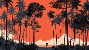 夕阳下漫步于椰林之人