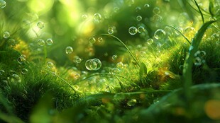 青草间晶莹水珠的梦幻景致