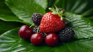 新鲜浆果置于翠绿叶片上