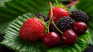新鲜莓果与樱桃摆于绿叶上