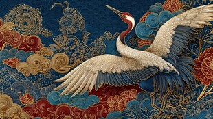 丹顶鹤翔于中式祥瑞云纹间
