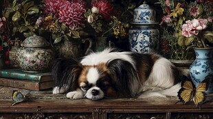 酣睡的小狗与雅致花卉摆件