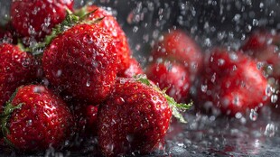 新鲜草莓水珠四溅的瞬间