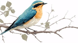 枝头蓝羽小鸟插画