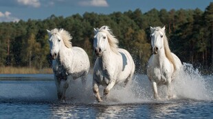 三匹白马奔腾于水面