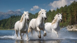 三匹白马奔腾于山水间