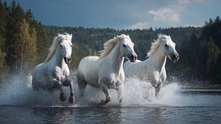 三匹白马踏水奔腾图