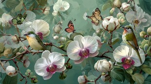 玉兰枝头蝶鸟共舞图景