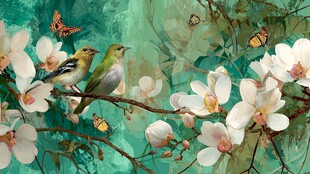 玉兰花枝上的小鸟与蝴蝶