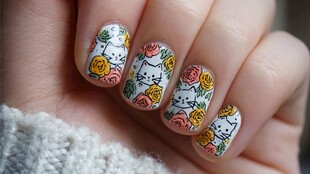 猫咪花卉美甲图案展示