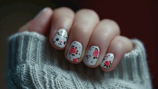 手绘花朵猫咪美甲特写
