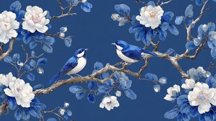 蓝底花鸟图 双鸟栖花枝头
