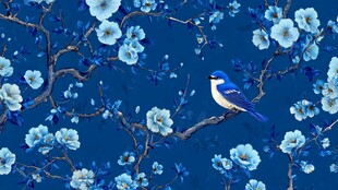 蓝枝栖鸟 繁花点缀的静美