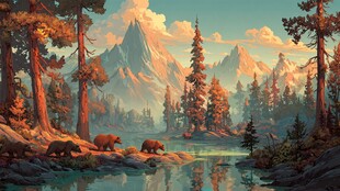 山林间漫步的棕熊与美景