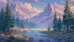 梦幻山林间 鹿伴溪流景