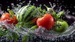 果蔬入水溅起晶莹水花