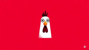 红色背景上的卡通小鸡形象