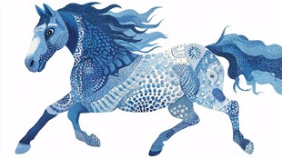 蓝色梦幻花纹奔腾骏马图
