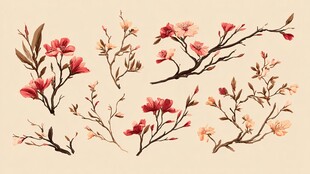 手绘中式风缤纷花卉枝条