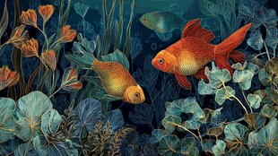 水中金鱼戏游于繁茂植物间