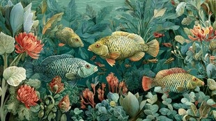 水中彩鱼游弋于繁茂植物间