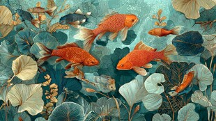 金鱼悠游于荷叶间的景致