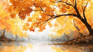 秋日湖畔金树水彩美景