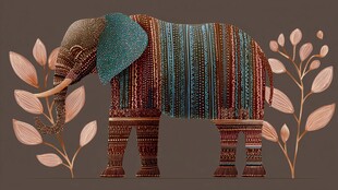 编织风大象与植物装饰画