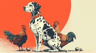 斑点狗与公鸡的趣味画面