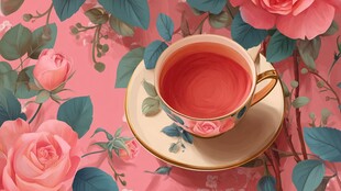 玫瑰环绕的优雅茶杯