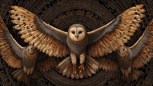 三只展翅猫头鹰神秘图案
