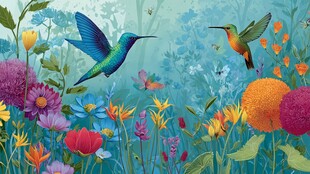 蜂鸟飞舞于缤纷花海间